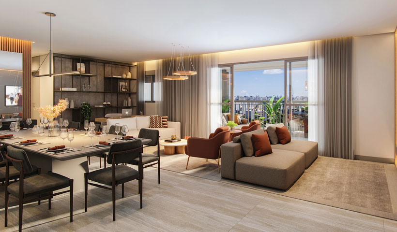 PERSPECTIVA ILUSTRADA DO LIVING DO APTO. DE 132 M² COM SALA AMPLIADA COM SUGESTÃO DE DECORAÇÃO - TORRE D - FINAL 1