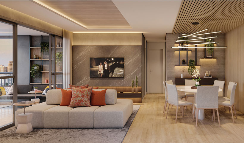 PERSPECTIVA ILUSTRADA DO LIVING AMPLIADO DO APTO. DE 112 M² COM SUGESTÃO DE DECORAÇÃO - TORRE D - FINAL 4