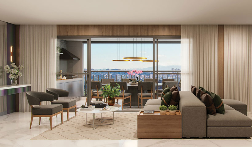 PERSPECTIVA ILUSTRADA DO LIVING DO APTO. DE 152 M² COM SALA AMPLIADA E SUGESTÃO DE DECORAÇÃO - TORRE B - FINAL 2