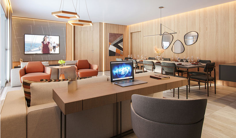 PERSPECTIVA ILUSTRADA DO LIVING DO APTO. DE 132 M² COM SALA AMPLIADA COM SUGESTÃO DE DECORAÇÃO - TORRE D - FINAL 1