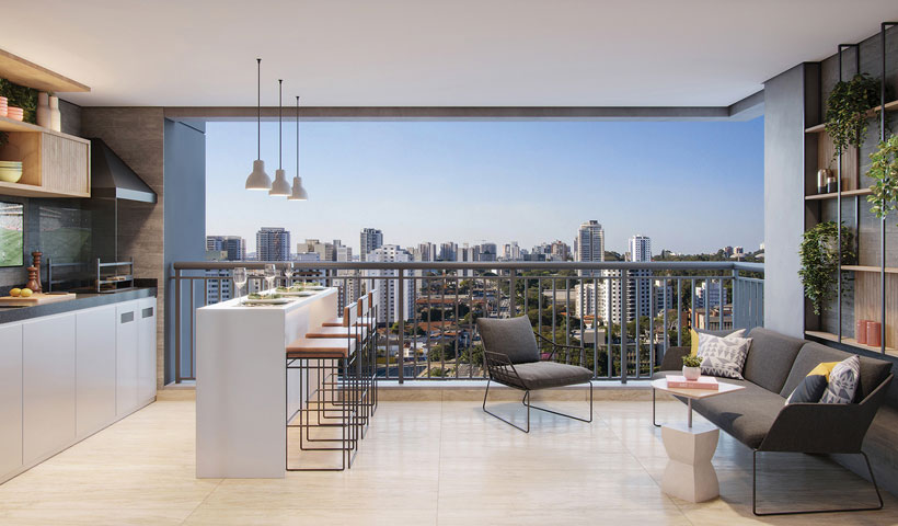 PERSPECTIVA ILUSTRADA DO TERRAÇO DO APTO. DE 112 M² COM SUGESTÃO DE DECORAÇÃO - TORRE D - FINAL 4