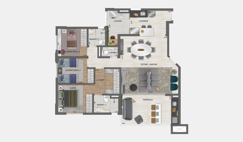 PLANTA OPÇÃO DO APTO. DE 112 M² COM SUGESTÃO DE DECORAÇÃO - TORRE D - FINAL 4