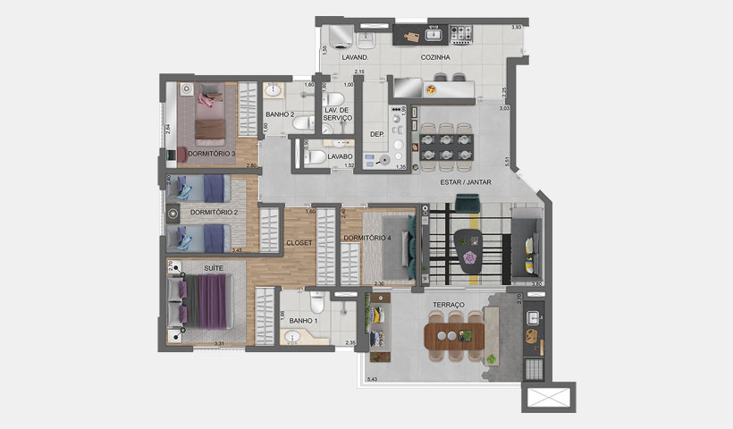 PLANTA TIPO DO APTO. DE 112 M² COM SUGESTÃO DE DECORAÇÃO - TORRE D - FINAL 4