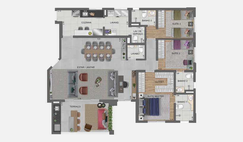 PLANTA OPÇÃO DO APTO. DE 112 M² COM SUGESTÃO DE DECORAÇÃO - TORRE D - FINAL 4